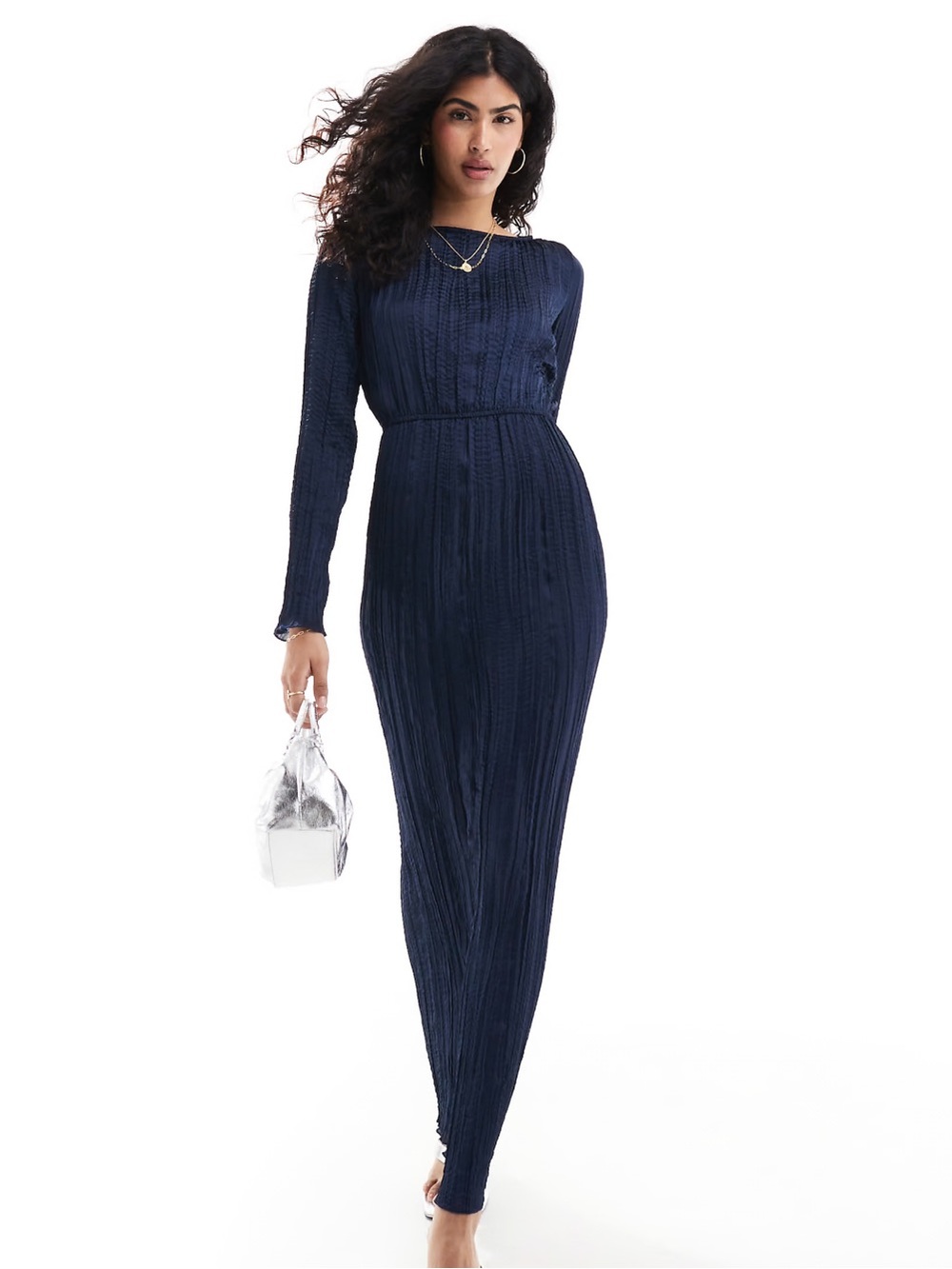 ASOS Navy Ribbed Long-Sleeve Maxi Dress